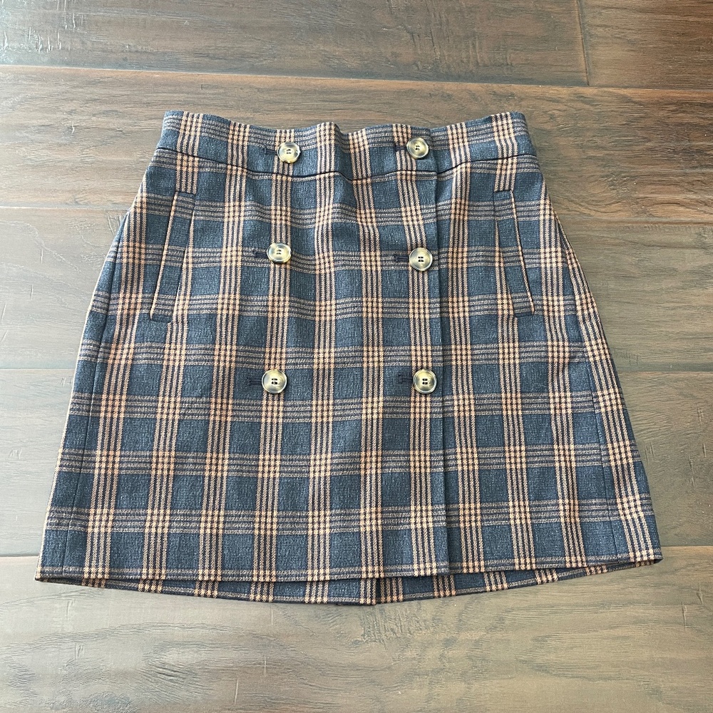 Madewell Women's Brown/Gray Plaid Double-Breasted Mini Skirt Sz Small